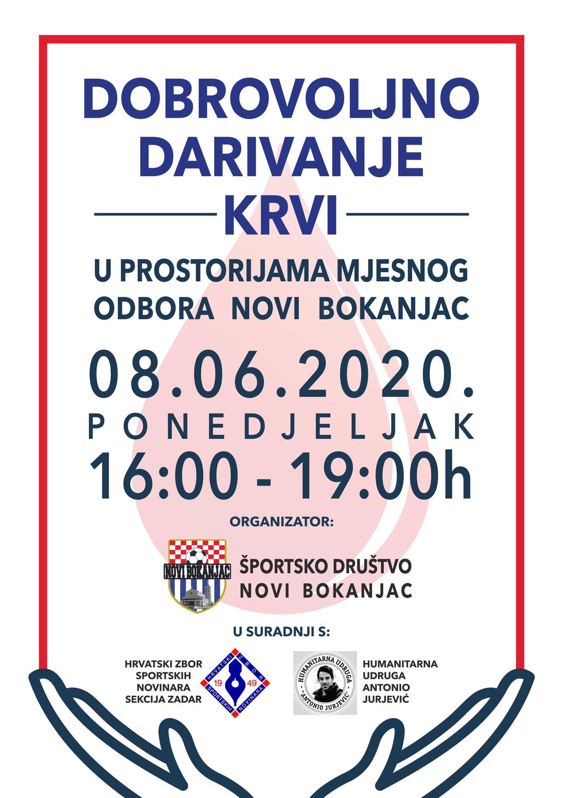ŠD Novi Bokanjac u suradnji s HZSN Zadar i HU Antonio Jurjević organizira akciju dobrovoljnog darivanja krvi