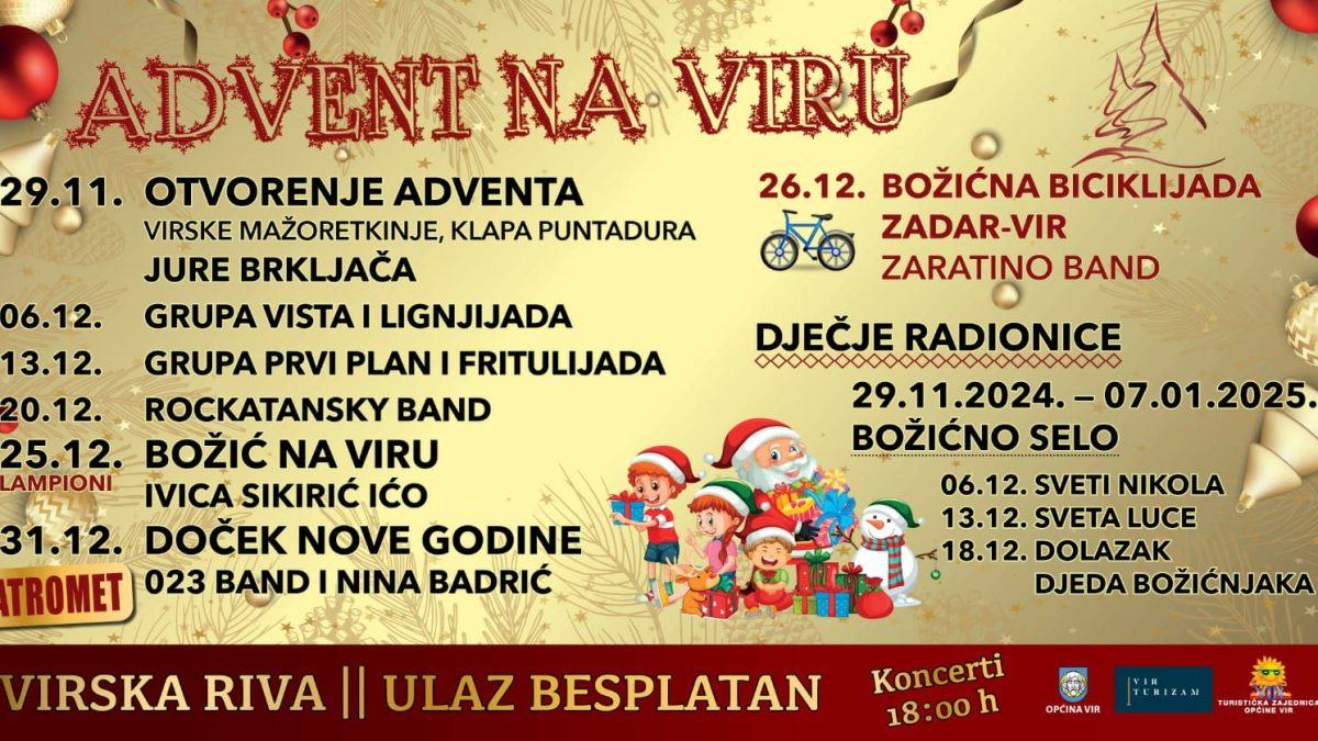 ADVENT NA VIRU Ove subote koncert Rockatansky Banda, a na Stipanje božićna biciklijada Zadar – Vir